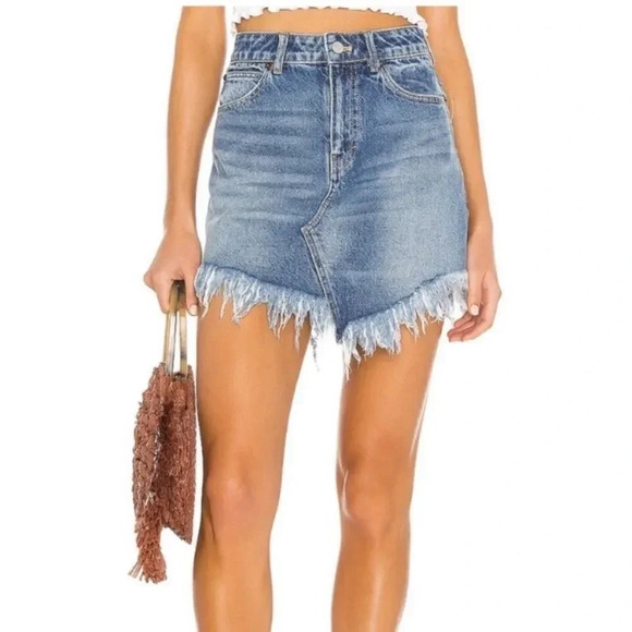 Host Pick! New With Tags! Free People Bailey Fringe Denim Mini Skirt - Picture 1 of 12